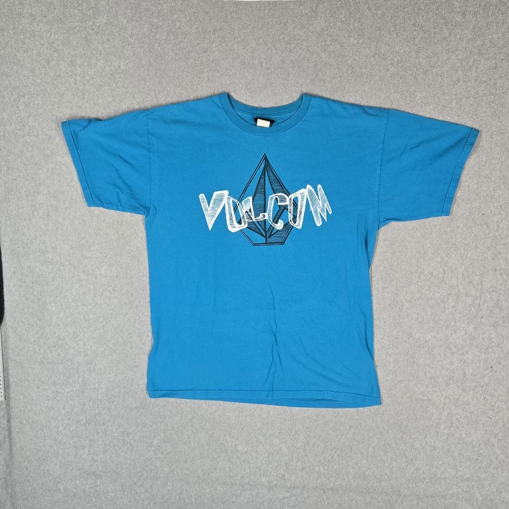 VINTAGE Volcom Men Shirt M Blue Graphic Logo Y2K Short Sleeve Grunge Skater
